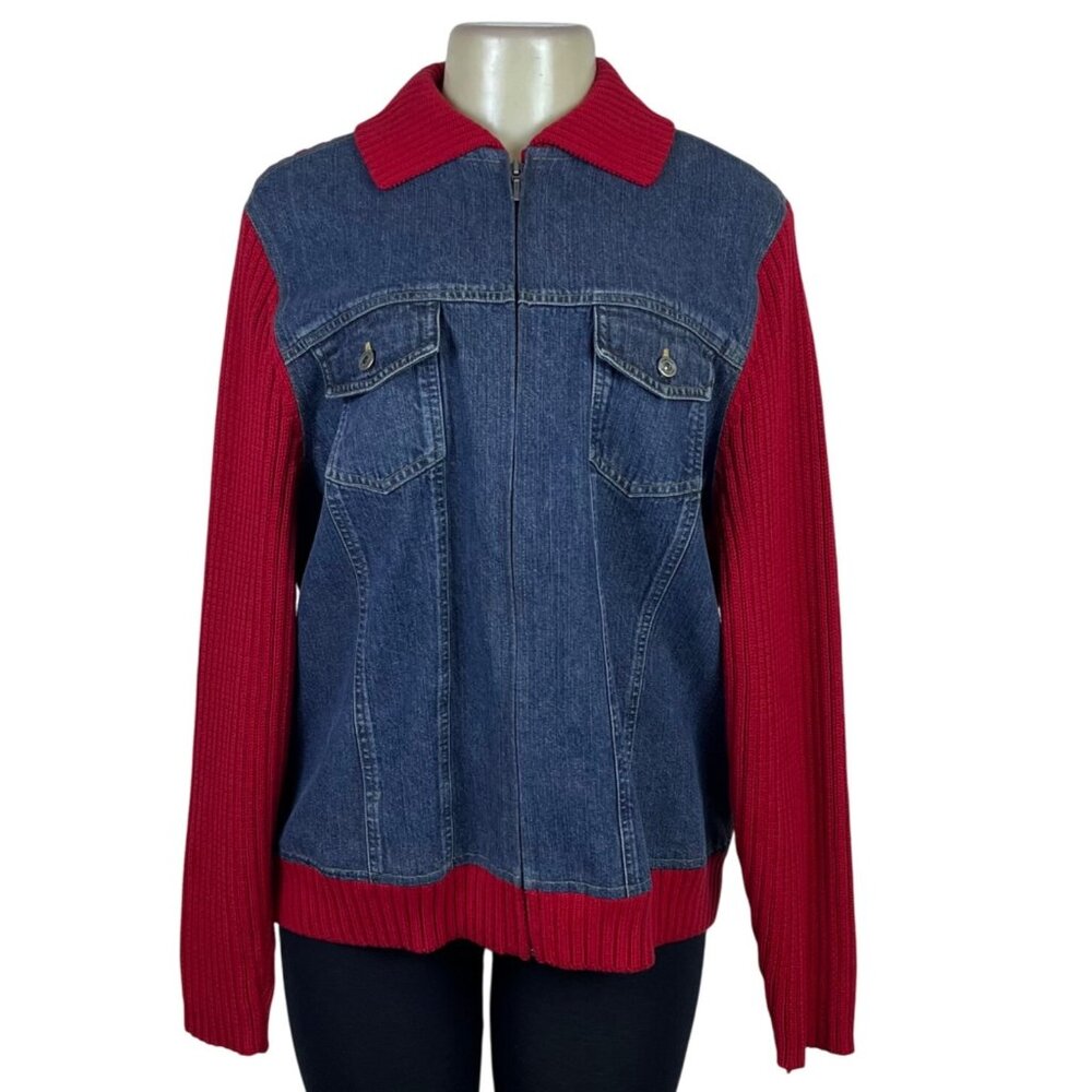 Marsh Landing Womens Red & Denim Cotton Knit Zip Front Jacket Size 1X